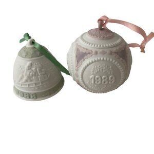 Set 2 Lladro Porcelain Christmas Ornaments 1988 Bell 1989 Sphere 3D Green Pink